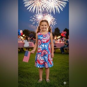 H&M Girls Red White & Blue Tie Dye Dress Size 6X/7 Summer July 4th